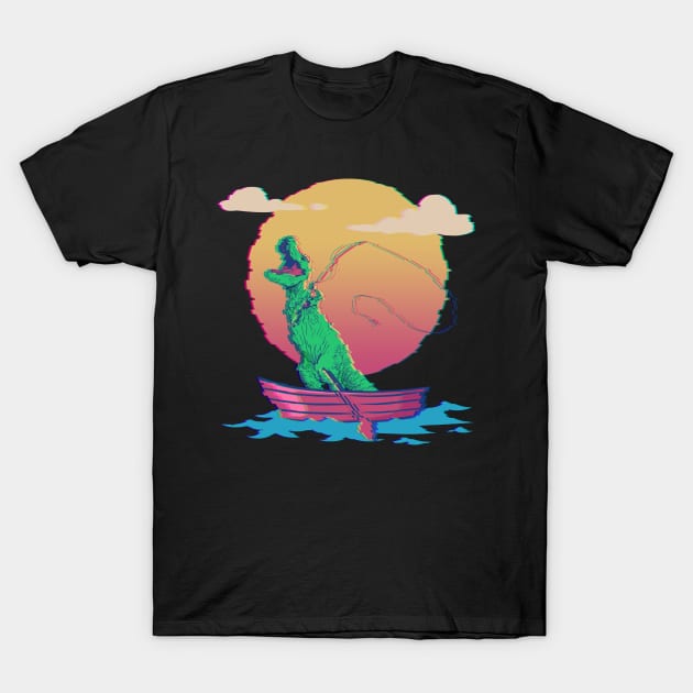 Fishing Dinosaur T-Rex Fisherman Dino Vaporwave T-Shirt by Alex21